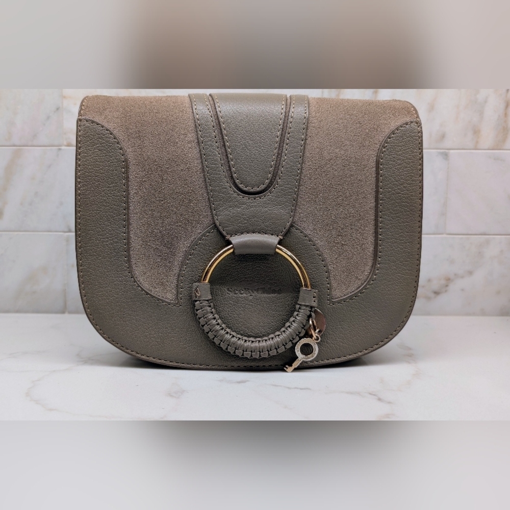 See By Chloe Gray Leather & Suede Ring-Accent Saddle Bag